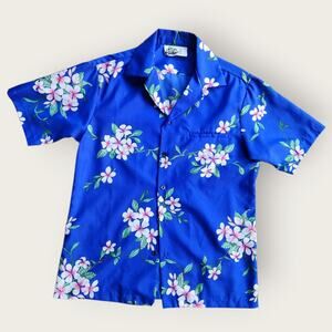 Hilo Hattie's Hawaiian Shirt Men's Sz M Blue Floral Button Down USA Made VTG